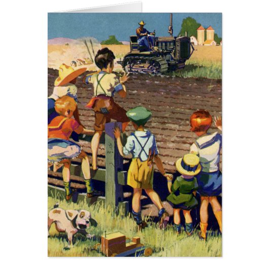 Oude kinderen zwaaien naar lokale boer op tractor (Voorkant)