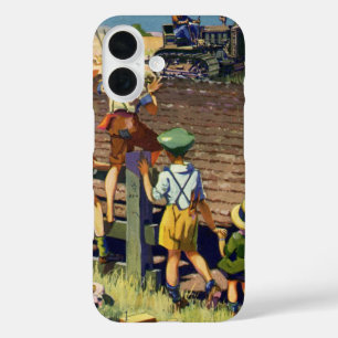 Oude kinderen zwaaien naar lokale boer op tractor iPhone 16 hoesje