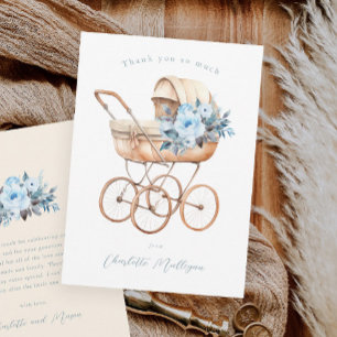 Oude kinderwagen blauwe jongens baby shower bedankkaart