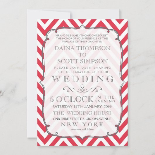 Oude Klaproos Rood & Wit Chevron Strepen Bruiloft Kaart (Voorkant)