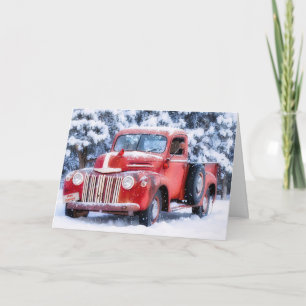Oude klassieke vrachtwagen in de sneeuw met vogel kaart