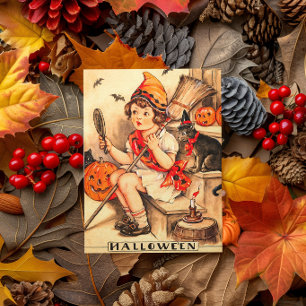 Oude kleine heksen Halloween meisje Feestdagenkaart