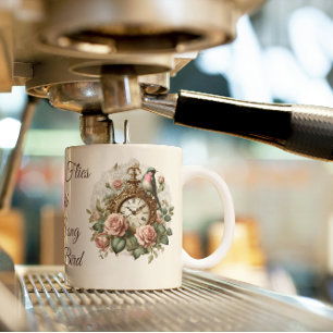 Oude Klok Wijze Groene Vogel Bloemen Antuque Koffiemok