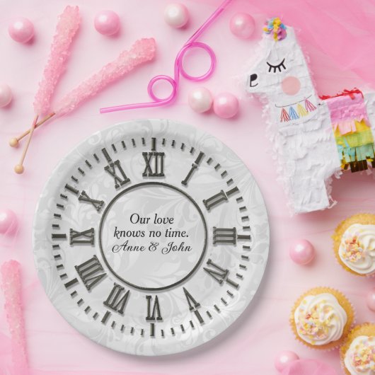 Oude klok zonder handen Damask Satijn Papieren Bordje (Feest)