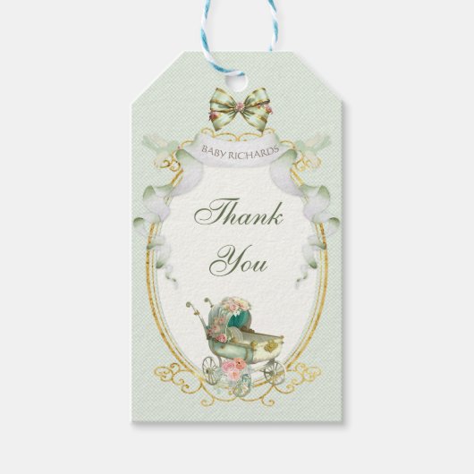 Oude Koets Groen Goud Rozen Gingham Cadeaulabel (Voorkant)