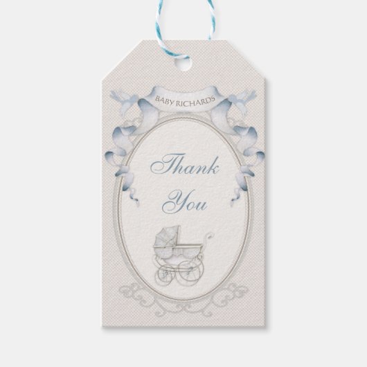 Oude Koets Ivoor Geruit Blauwe Vogels Cadeaulabel (Voorkant)