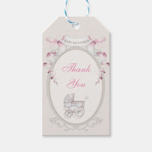Oude Koets Ivoors Beige Roze Vogels Cadeaulabel (Voorkant)