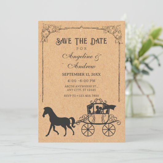 Oude koets met paard save the date (Staand voorkant)