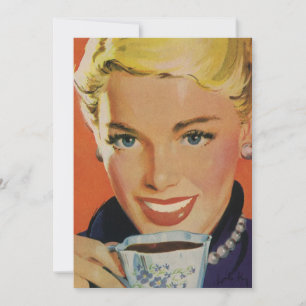 Oude koffie, gelukkige vrouw met retro koffiekopje kaart