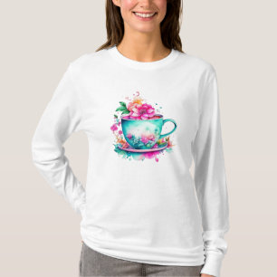 Oude koffiekop met roze en oranje bloemen t-shirt