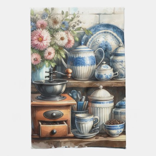 Oude koffiekop pot bord blauw theedoek (Verticaal)