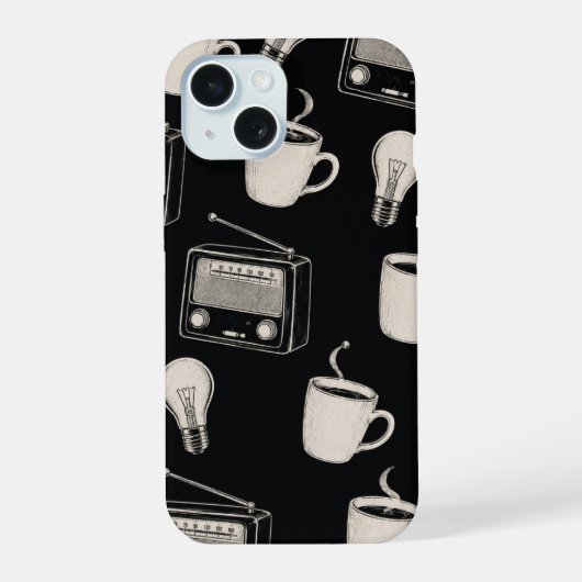 Oude koffieradio gloeilamp patroon stof iPhone 15 case (Achterkant)