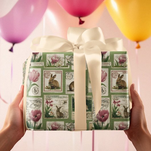 Oude Konijn & Tulp Postzegels Pasen Inpakpapier