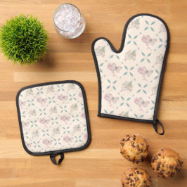 Oude konijn, varen, vlinder en bloempatroon ovenwant & pannenlap set