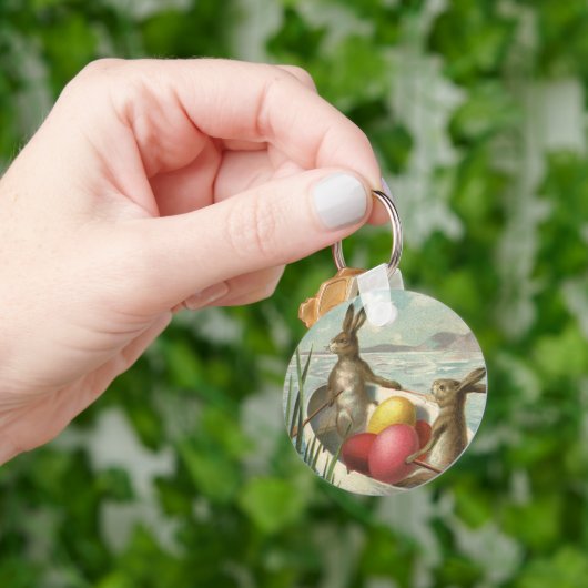 Oude konijnen in boot, liefdevolle Pasen groeten Sleutelhanger (Hand)