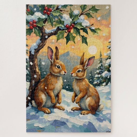 Oude konijnen onder de hulstboom Kerstmis Legpuzzel (Verticaal)