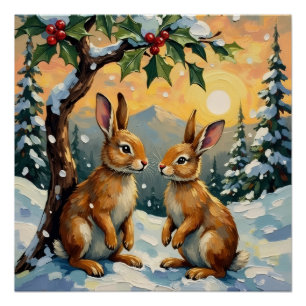Oude konijnen onder de hulstboom Kerstmis Perfect Poster