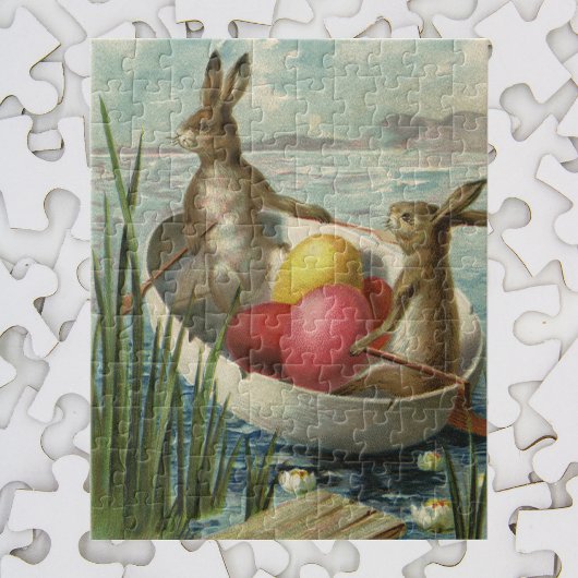 Oude konijntjes in boot, liefdevolle Pasen groeten Legpuzzel
