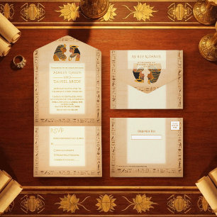 Oude Koning en Koningin Egyptische Trouw Goud Foli All In One Uitnodiging