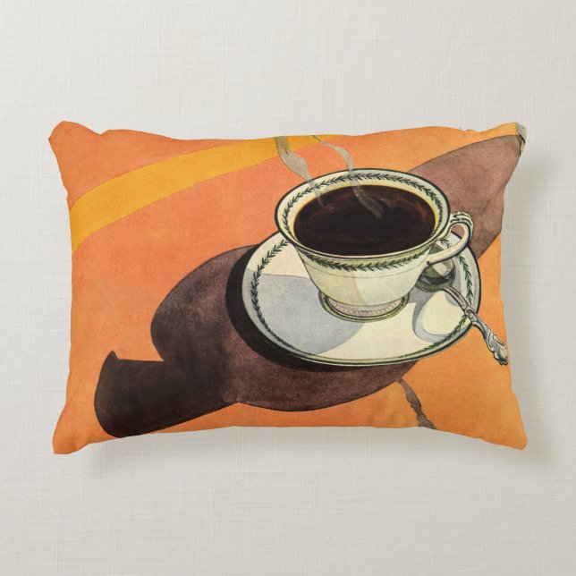 Oude kop koffie, schoteltje, lepel, retro diner accent kussen (Voorkant)