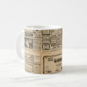 Oude krant: papieren achtergrond. koffiemok (Voorkant links)