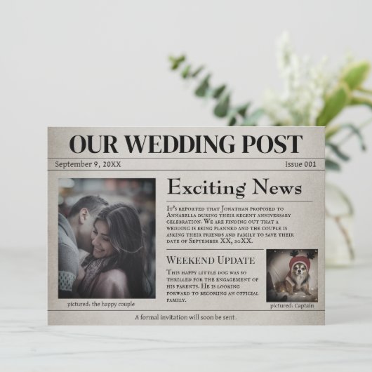Oude Kranten Huwelijk Save the Date Kaart (Staand voorkant)