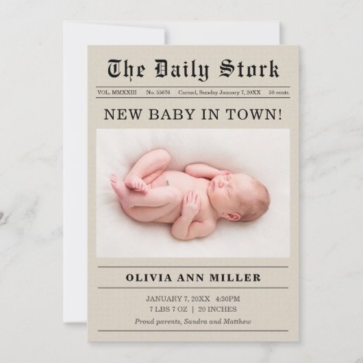 Oude krantenstijl Geboorte Aankondiging Kaart (Voorkant)