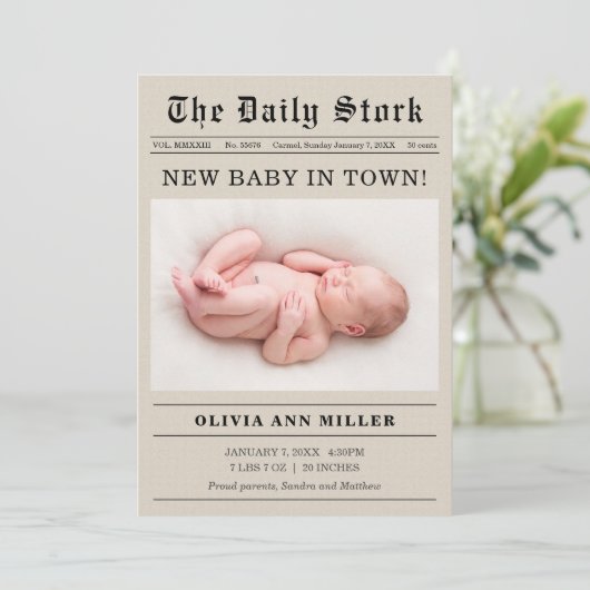 Oude krantenstijl Geboorte Aankondiging Kaart (Staand voorkant)