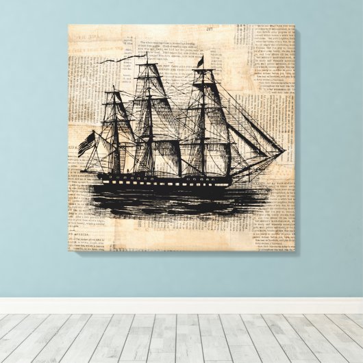 Oude  krantenstijl met Fashioned Ship Art Canvas Afdruk (Insitu (Houten vloer))