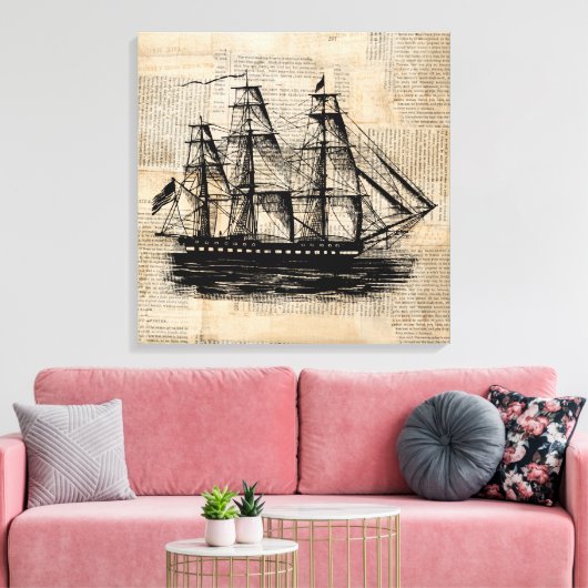 Oude  krantenstijl met Fashioned Ship Art Canvas Afdruk (Insitu (Woonkamer))