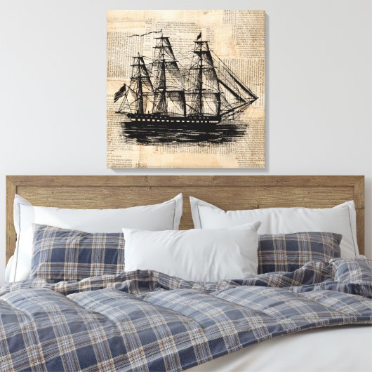Oude  krantenstijl met Fashioned Ship Art Canvas Afdruk (Insitu (Slaapkamer))