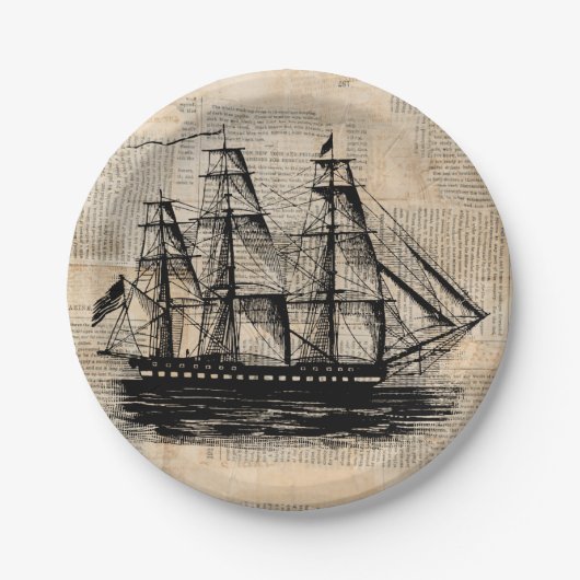 Oude  krantenstijl met Fashioned Ship Art Papieren Bordje (Voorkant)