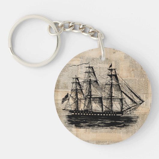 Oude  krantenstijl met Fashioned Ship Art Sleutelhanger (Voorkant)