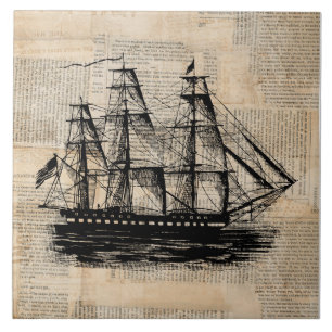 Oude  krantenstijl met Fashioned Ship Art Tegeltje