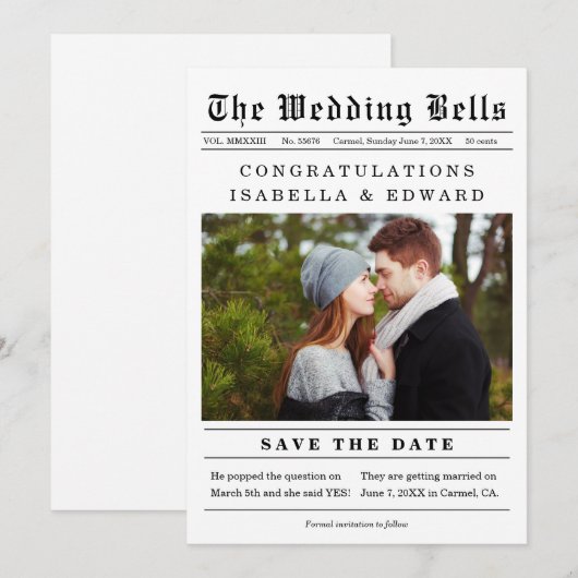 Oude krantenstijl trouw save the date (Voorkant / Achterkant)