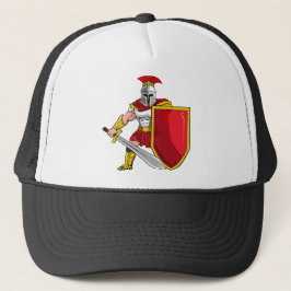 Oude krijger met zwaard en schild in helm een trucker pet
