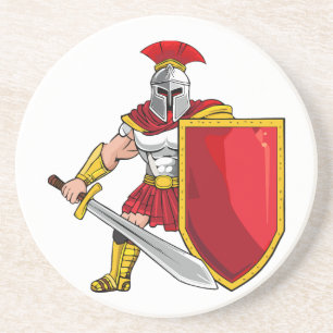 Oude krijger met zwaard en schild in helm een zandsteen onderzetter