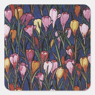 Oude krokusbloemen in een tuin, bloempatroon vierkante sticker