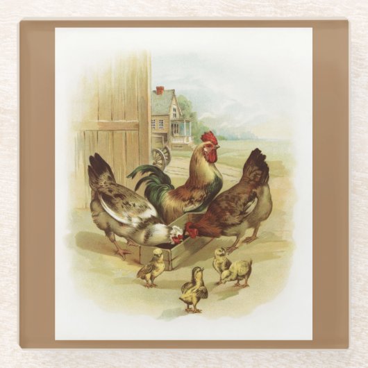 Oude Kunst Boerderijkippen Glazen Onderzetter (Voorkant)