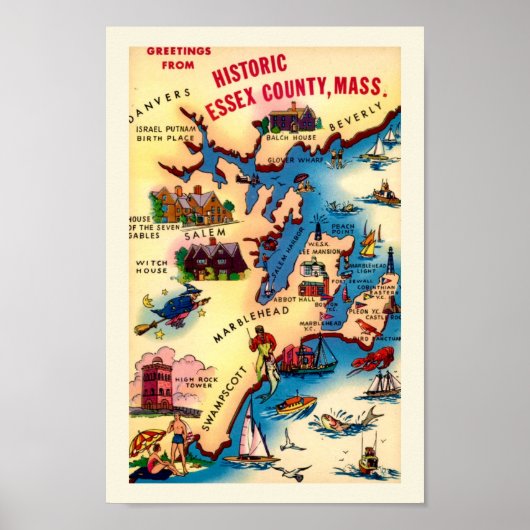 Oude kustkaart van Massachusetts Poster (Voorkant)