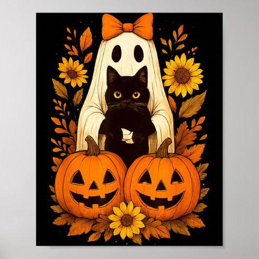 Oude Kute Halloween Geest met Zwarte Kat Poster (Voorkant)