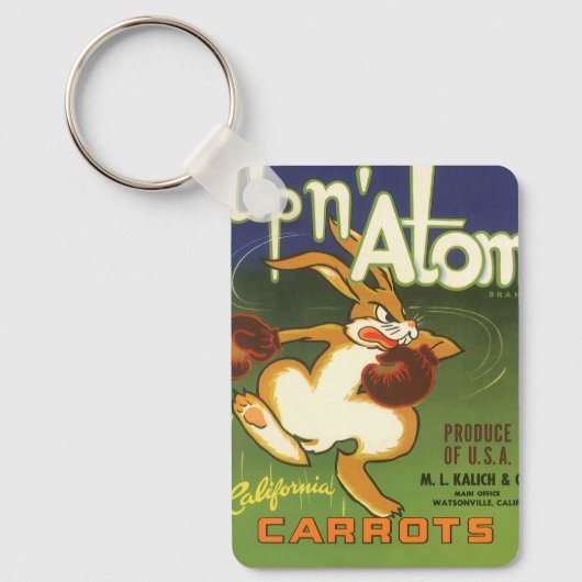 Oude labelkunst boksen konijn, Up n Atom wortels Sleutelhanger (Voorkant)