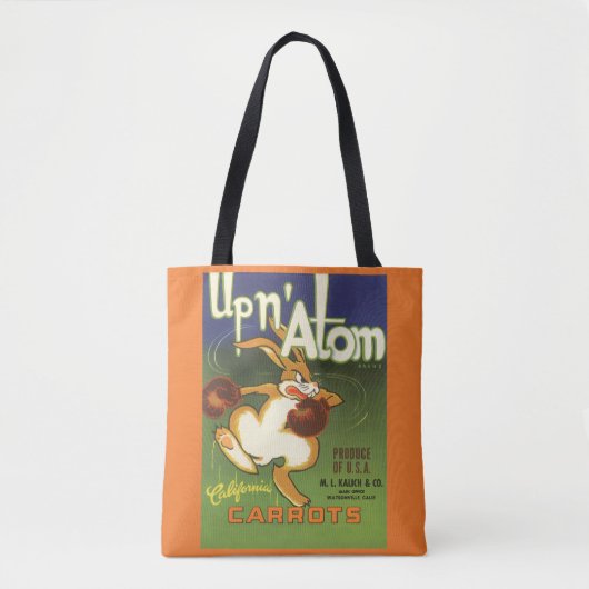 Oude labelkunst boksende konijn, Up n Atom wortele Tote Bag (Voorkant)