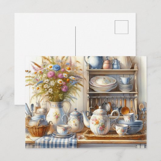 Oude landelijke boerderijschotel theepot ansichtka briefkaart (Voorkant / Achterkant)