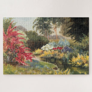 Oude landelijke Engelse tuin en vijver Legpuzzel