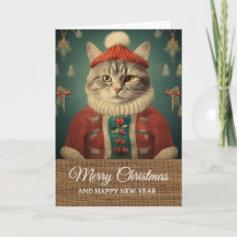 Oude landelijke grappige kat in kostuum Kerstmis