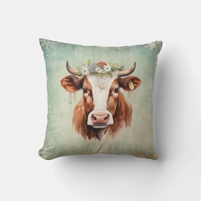 Oude landelijke Kerst Cow  Kussen (Voorkant)