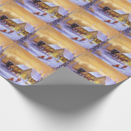 Oude Landelijke Kerststal Paard-en-wagen Sneeuwman Cadeaupapier (Hoek)