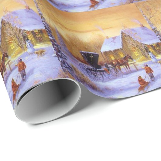Oude Landelijke Kerststal Paard-en-wagen Sneeuwman Cadeaupapier (Rol Hoek)