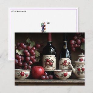 Oude landelijke keuken wijn druiven appels briefkaart
